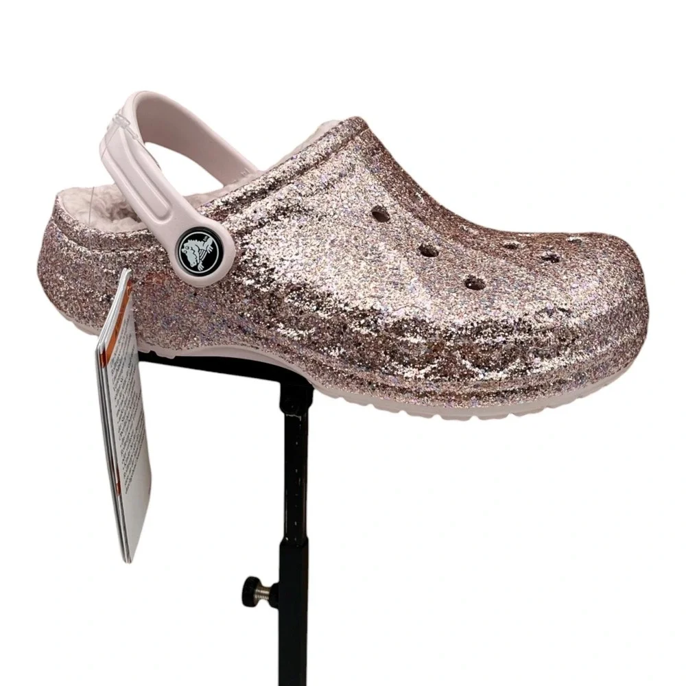 Crocs Big Girls Lined Clogs Size 2 (J2) Barely Pink Glitter  Slip-on Cozy Warm